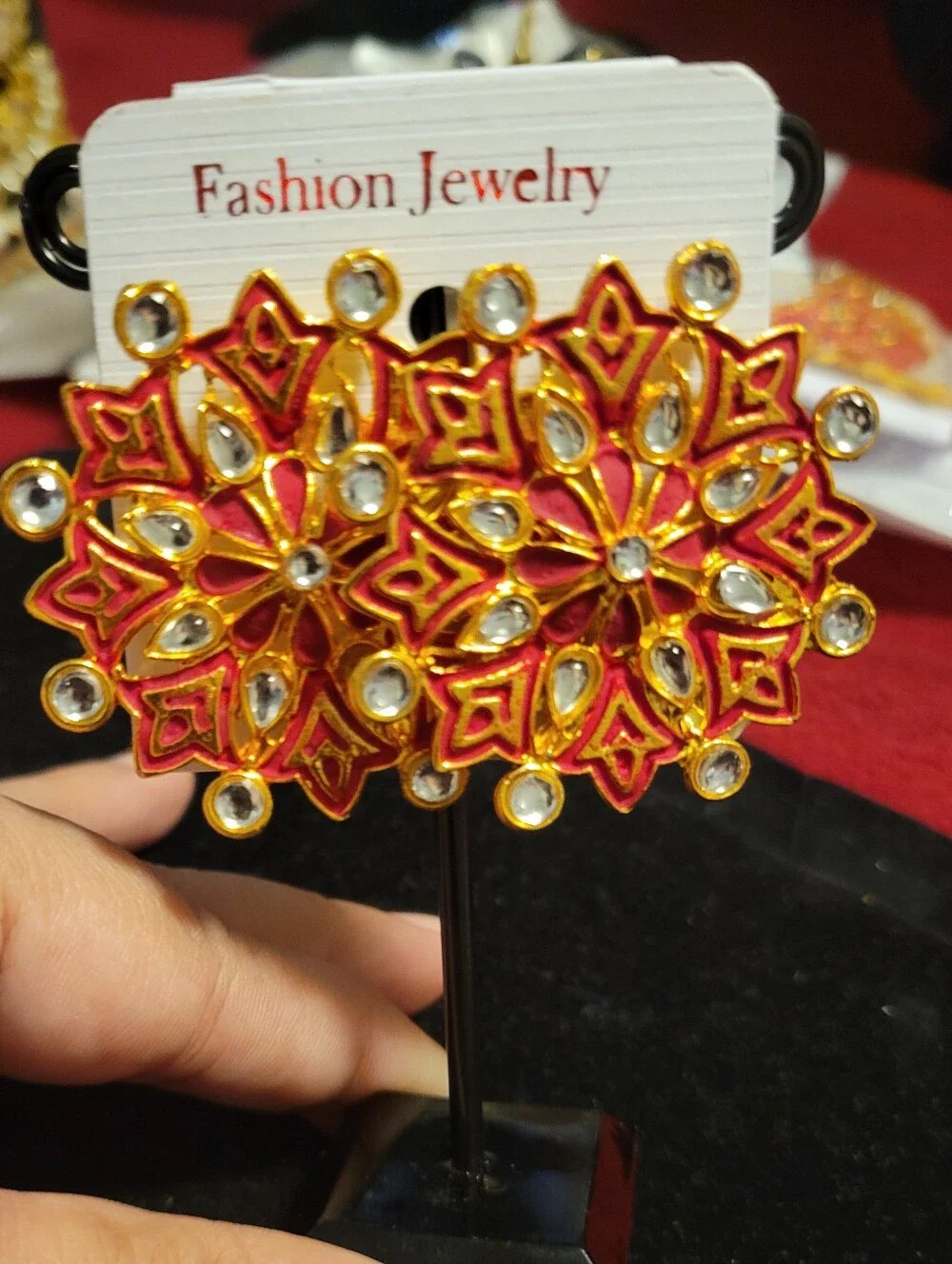 Fashion Jewelry Gold and Red Floral Kundan-Style Earrings